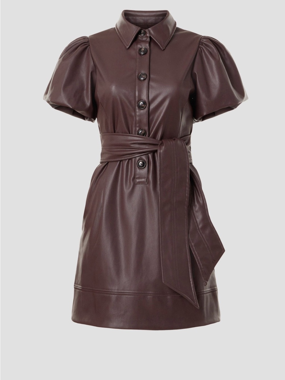 Puff-Sleeve Faux Leather Mini Dress in Dark Brown - Picture 5 of 8